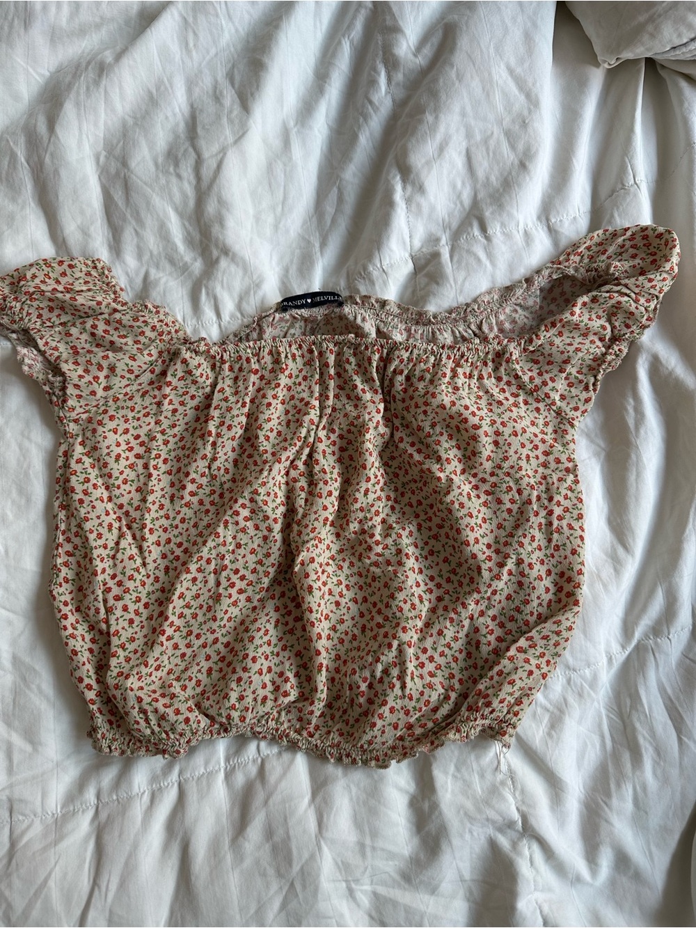 Brandy Melville Beige Crop Top with Red Floral Print